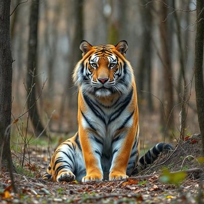Primary subject: A tiger sitting in the woods.

Setting/background: The tiger is sitting in a forest, surrounded by trees and leaves.

Visual style: The image is a photo of the tiger in its natural habitat.

Colors and mood: The photo is in black and white, giving it a classic and timeless feel. The tiger's orange and black stripes stand out against the backdrop of the forest, creating a striking visual contrast.